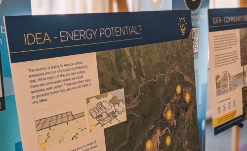 A Consultation Board from the previous consultation showing plans for energy development on site. The map shows the outline of the works containing the active quarry area. Next to this is a point and an outline showcasing where the proposed solar development would be.